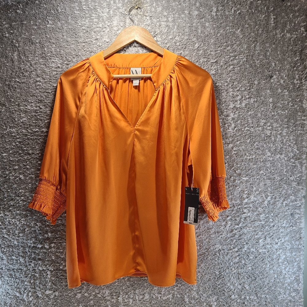 Worthington Women's Top Size Large Orange Satin V Neck Blouse Polyester NWT